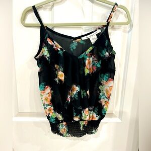 American Rag Cie black flowery baby dollish boho dainty stretchy waist top small